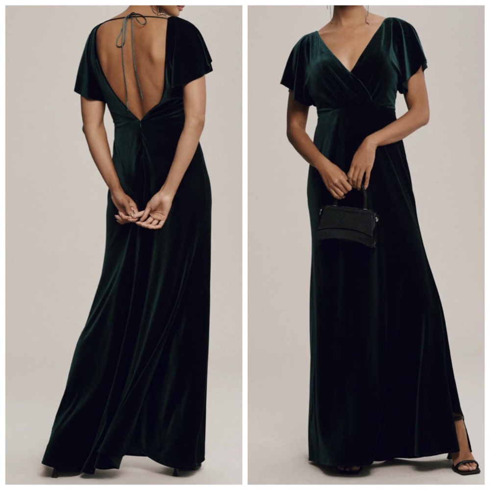 Jenny‎ Yoo BHLDN Ellis Flutter Sleeve Open Back Green Velvet Gown Maxi Dress 4